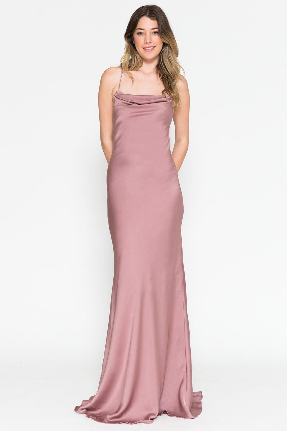 Satin Long Sleeveless Cowl Dress by Amelia Couture 6111