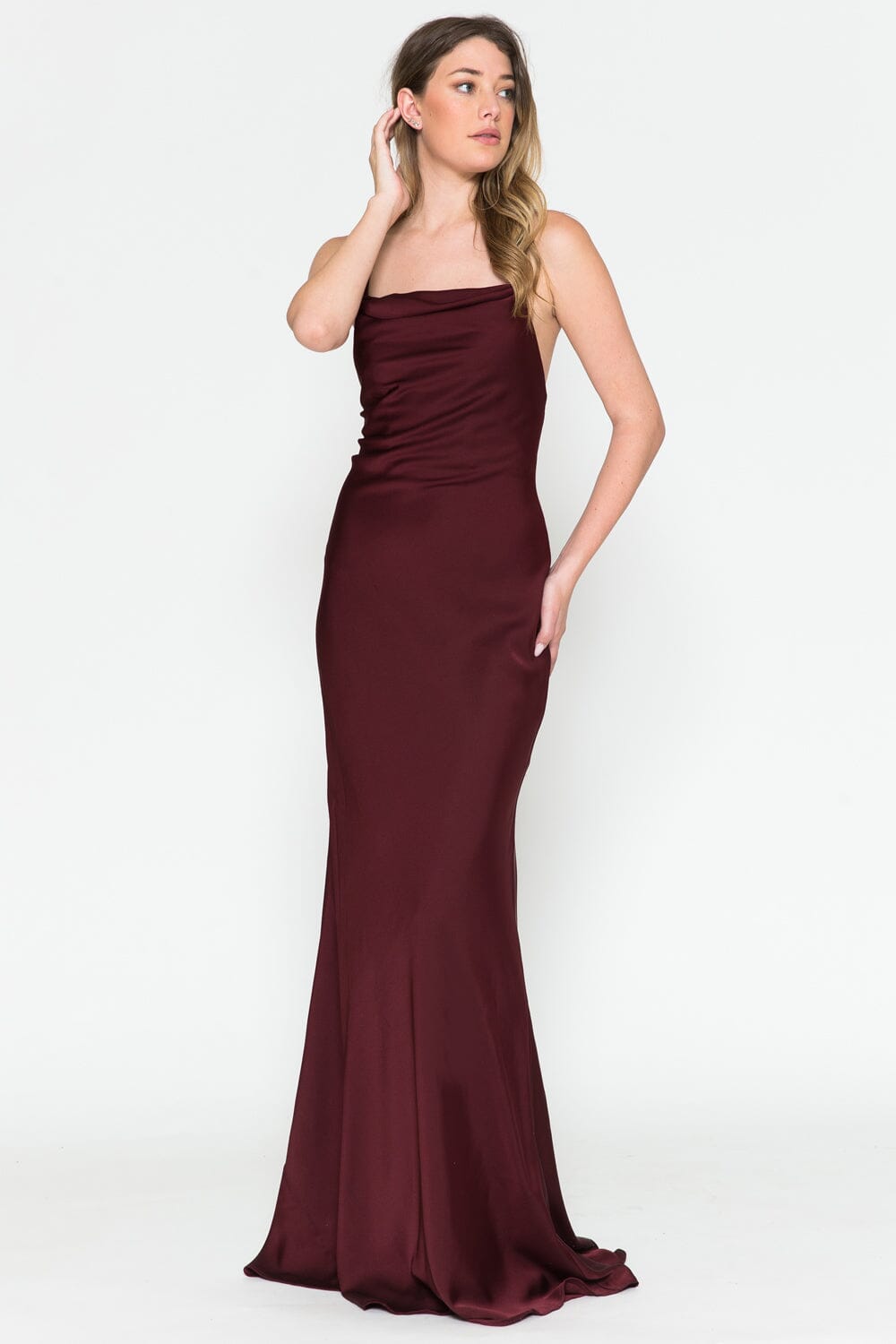 Satin Long Sleeveless Cowl Dress by Amelia Couture 6111