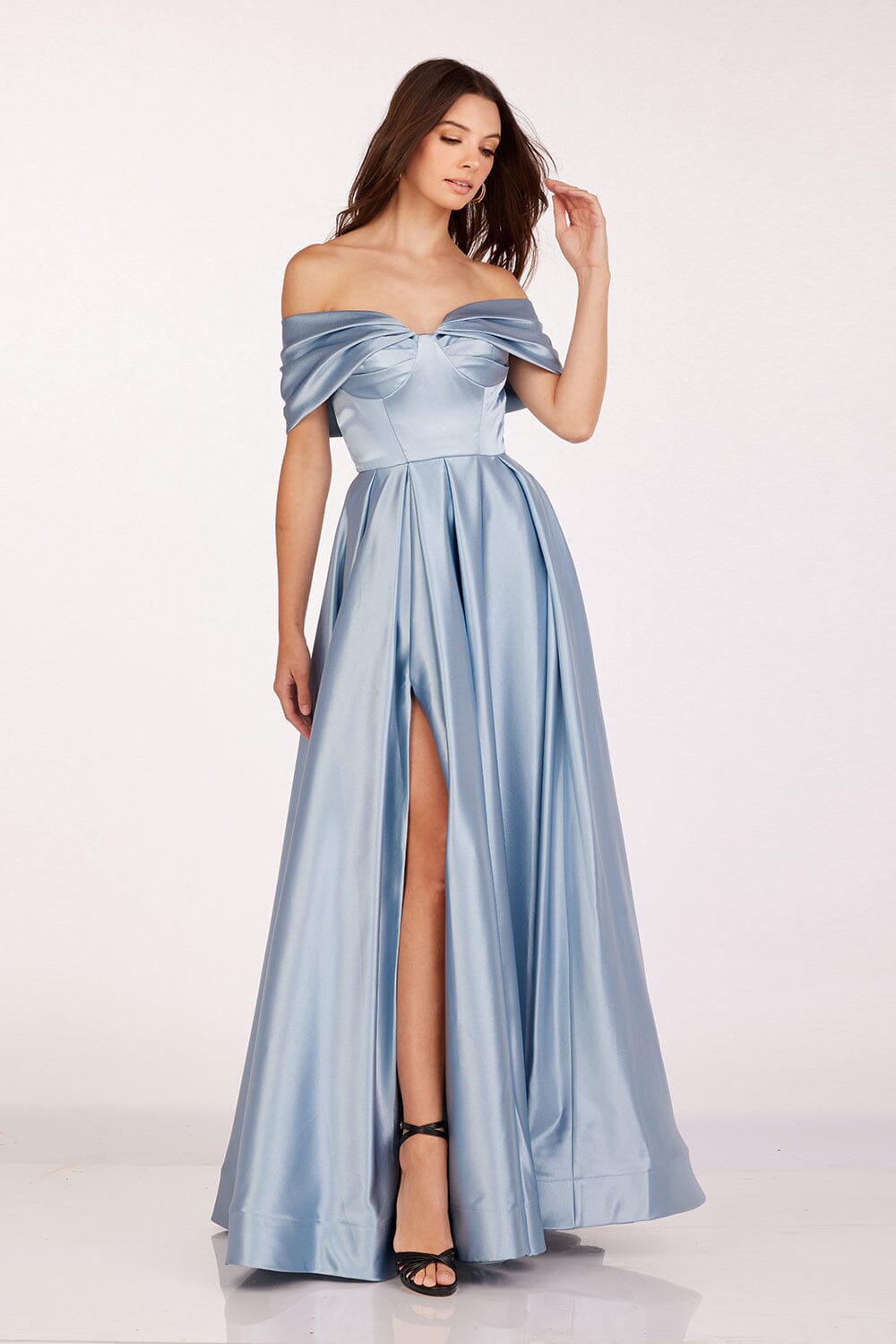 Satin Off Shoulder Slit Gown by Abby Paris 90222 ABC Fashion Satin Off Shoulder Slit Gown by Abby Paris 90222 ABC Fashion