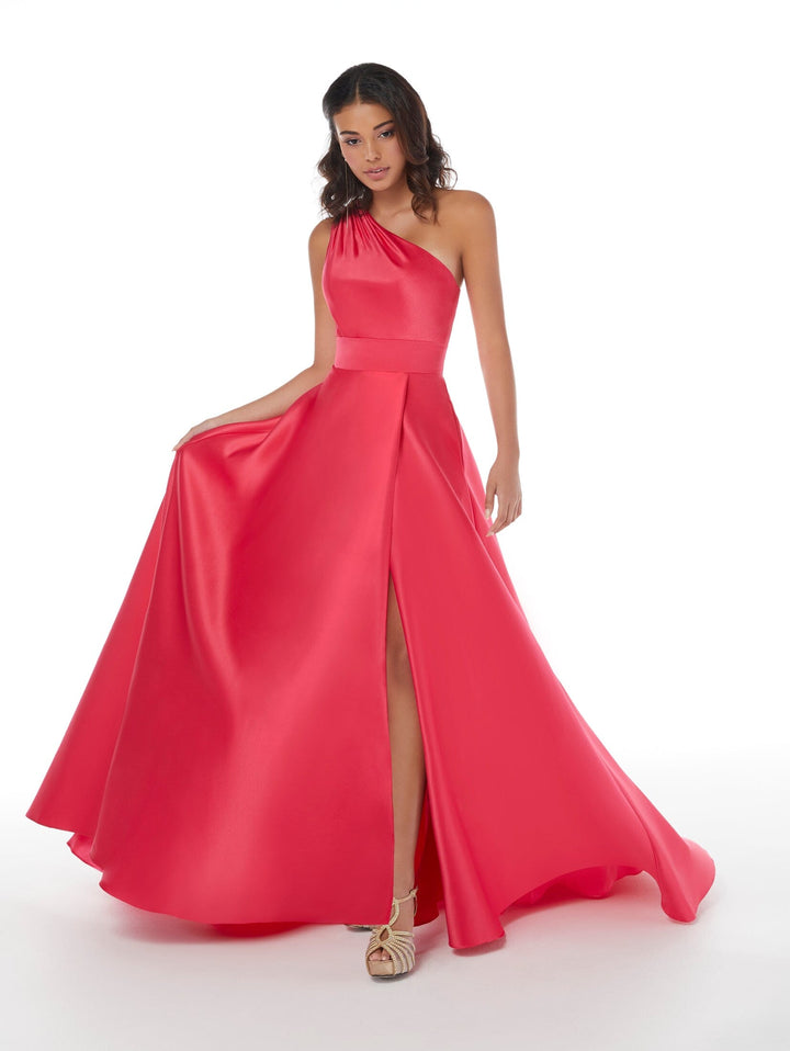 Satin One Shoulder A-line Slit Gown by Studio 17 12861