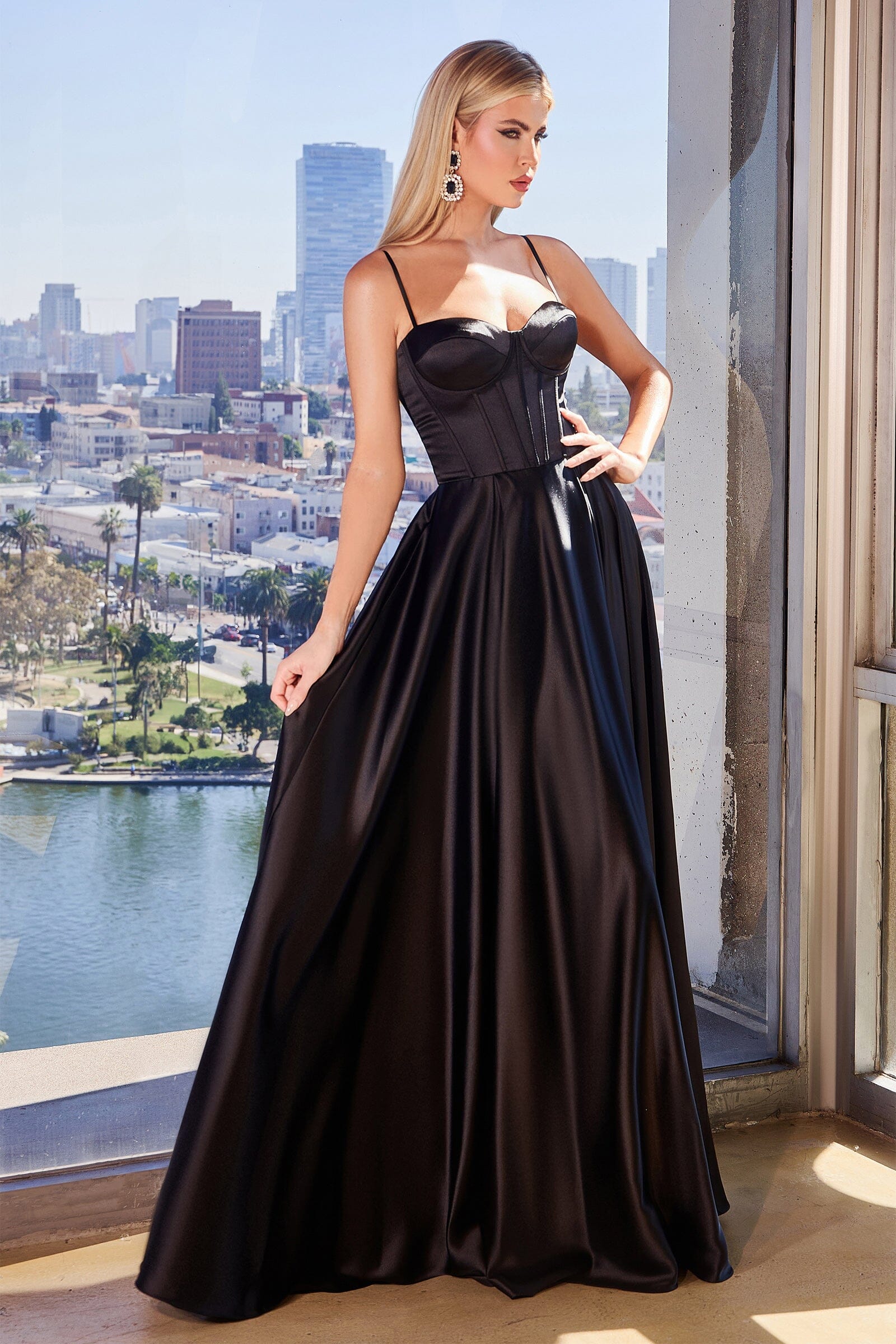 Satin Sleeveless Corset A-line Slit Gown by Ladivine CD337