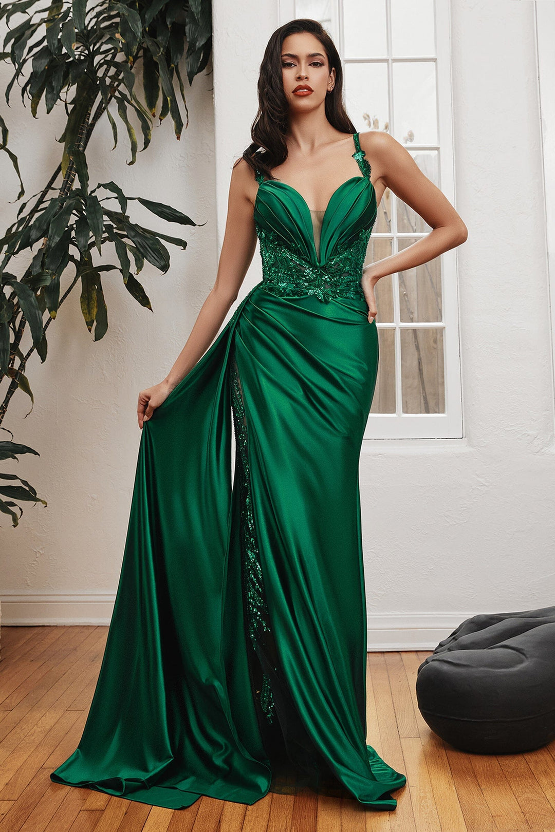 Satin Sleeveless Sheer Slit Gown by Ladivine CDS417 - Outlet