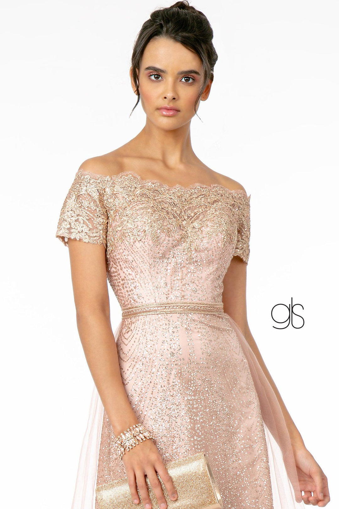 Long Off Shoulder Glitter Dress by Elizabeth K GL2942 - Outlet