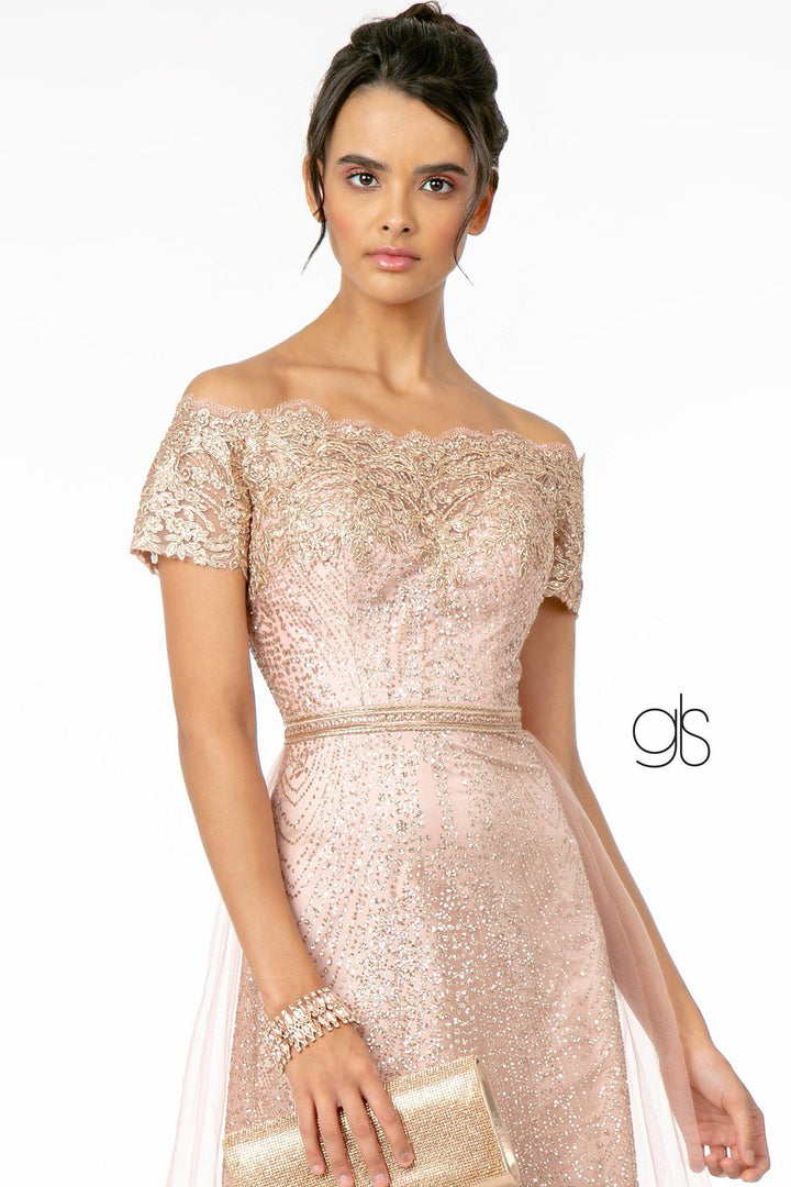 Long Off Shoulder Glitter Dress by Elizabeth K GL2942 - Outlet
