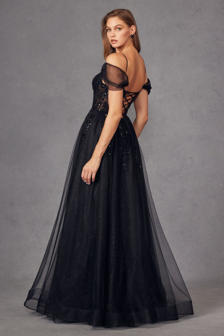 Sequin Applique Cold Shoulder Slit Gown by Juliet JT2466A