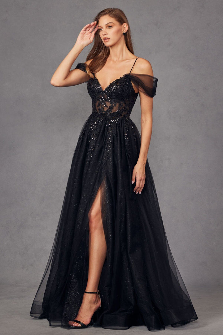 Sequin Applique Cold Shoulder Slit Gown by Juliet JT2466A