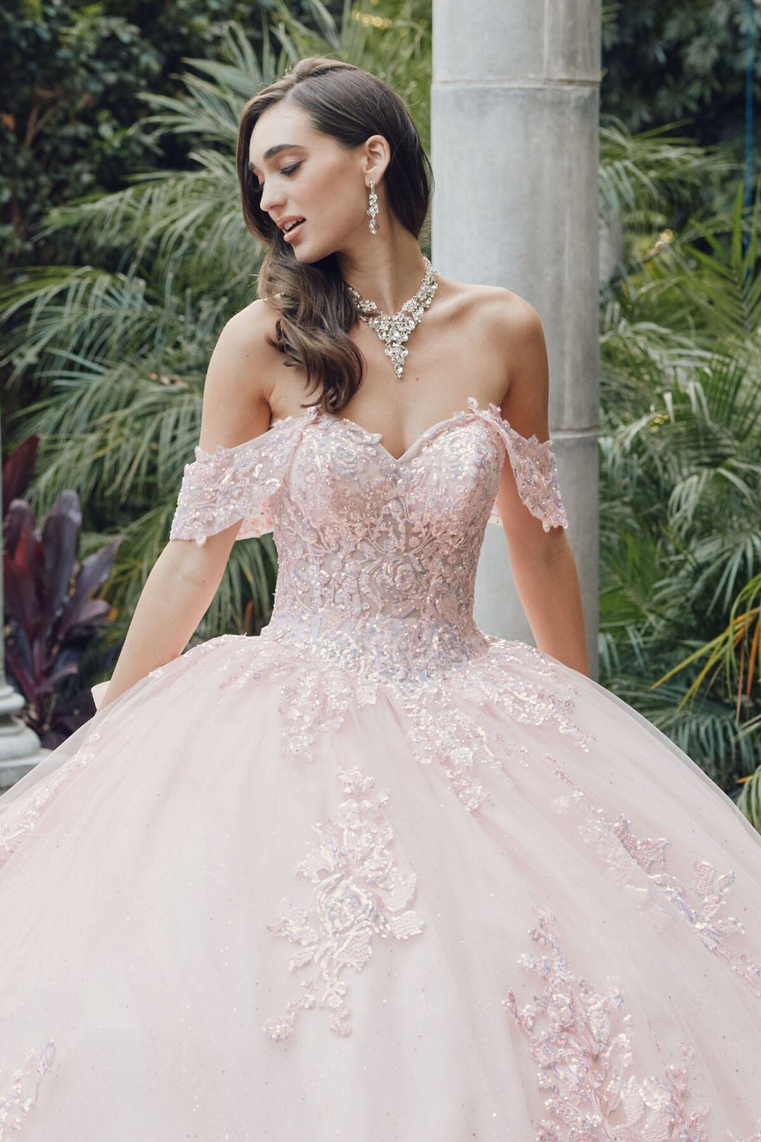 Sequin Applique Off Shoulder Ball Gown by Juliet JT1458J