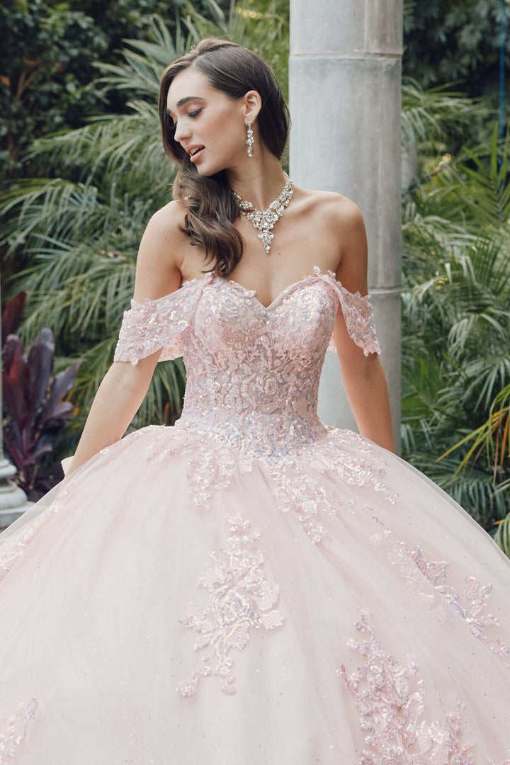 Sequin Applique Off Shoulder Ball Gown by Juliet JT1458J