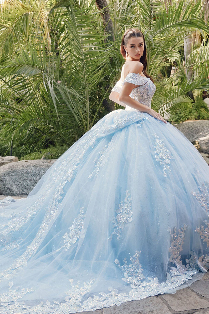 Sequin Applique Off Shoulder Ball Gown by Juliet JT1458J