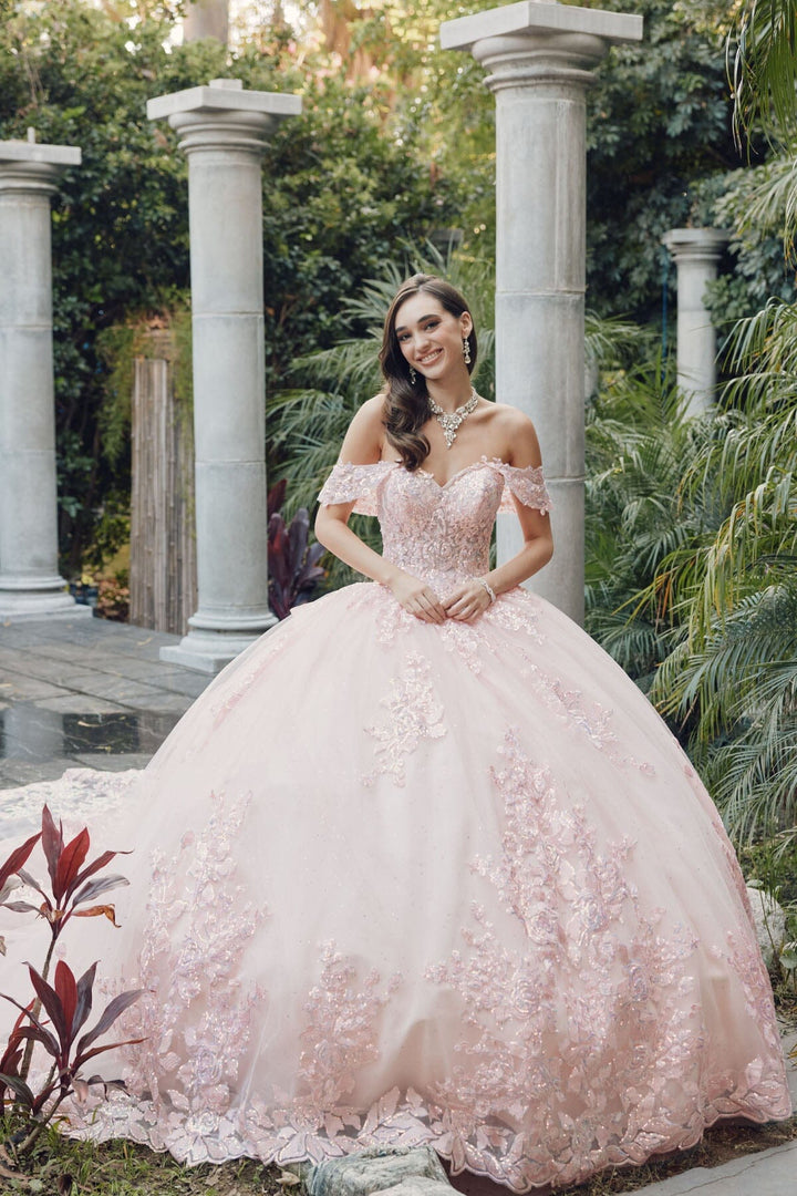 Sequin Applique Off Shoulder Ball Gown by Juliet JT1458J