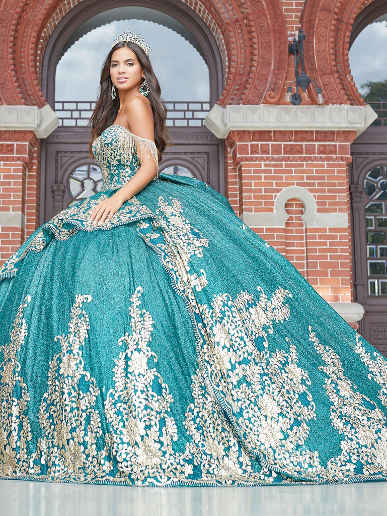 Sequin Applique Quinceanera Dress by House of Wu 26053 20 / Evergreen/Gold