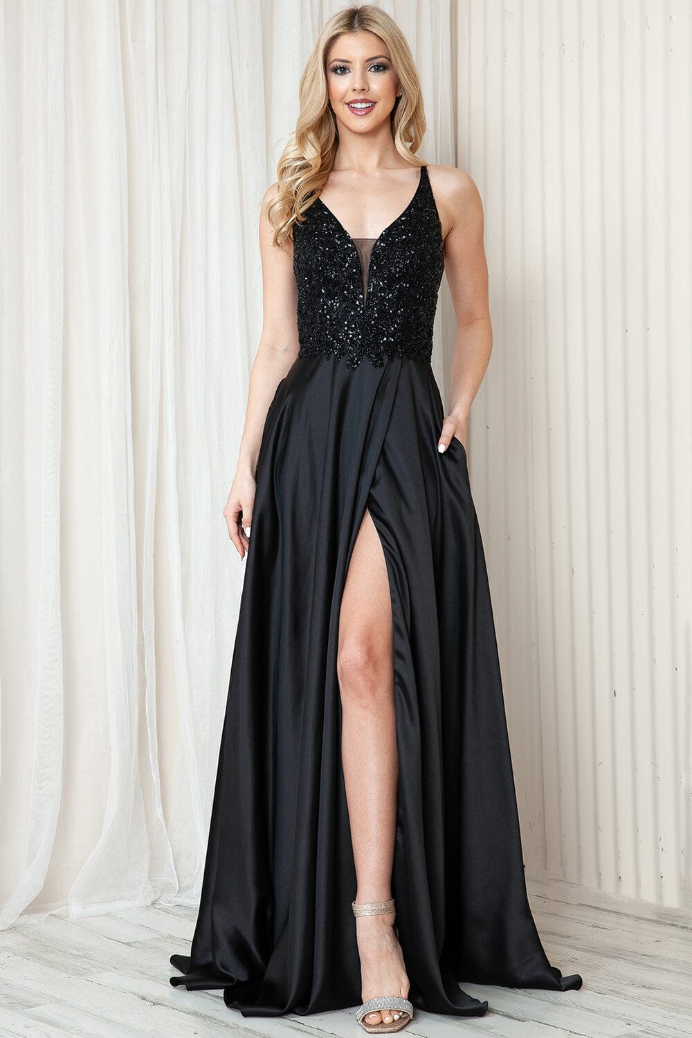Sequin Applique Satin Slit Gown by Amelia Couture 6120