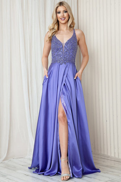 Sequin Applique Satin Slit Gown by Amelia Couture 6120