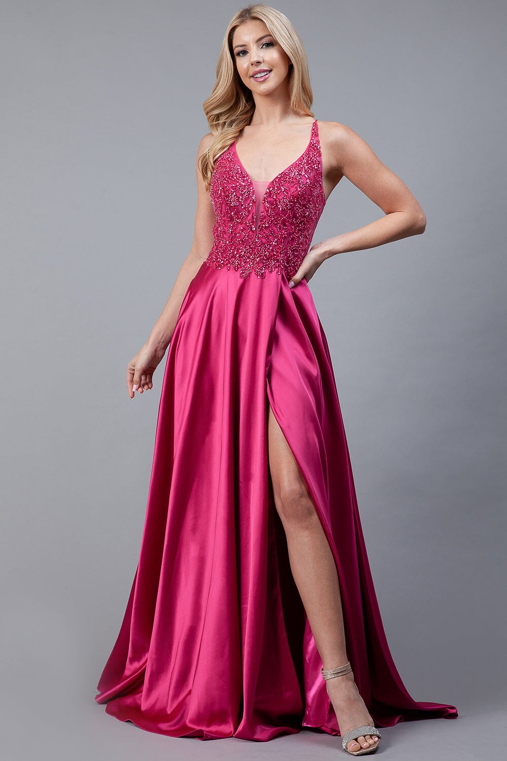 Sequin Applique Satin Slit Gown by Amelia Couture 6120