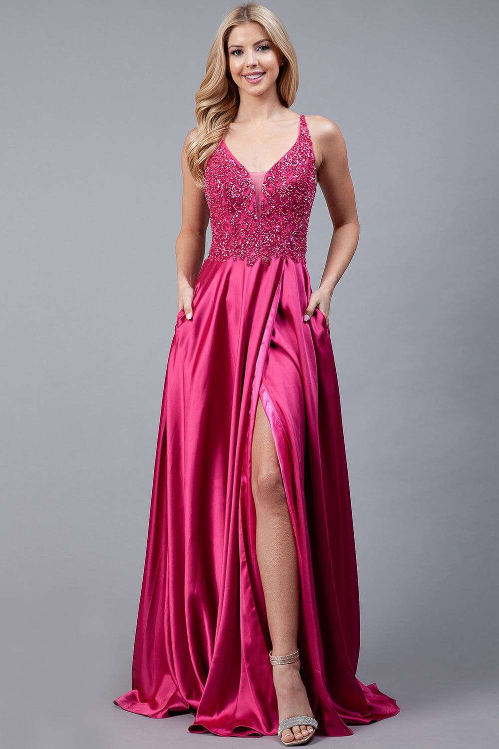 Sequin Applique Satin Slit Gown by Amelia Couture 6120