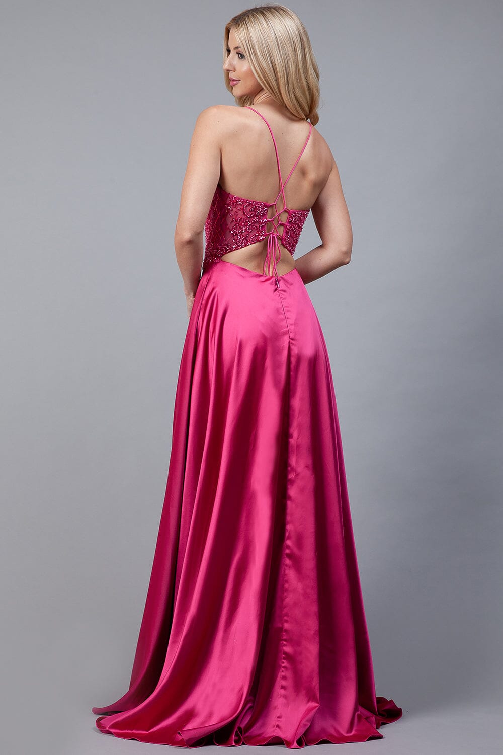 Sequin Applique Satin Slit Gown by Amelia Couture 6120