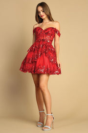 Sequin Applique Short Off Shoulder Tiered Dress by Adora 1051