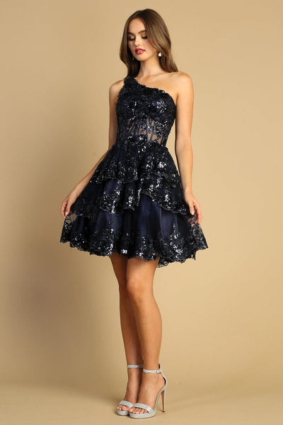 Sequin Applique Short One Shoulder Dress by Adora 1044