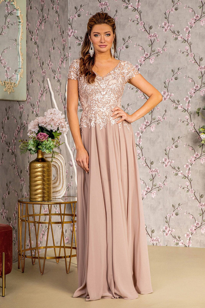 Sequin Applique Short Sleeve A-line Gown by GLS Gloria GL3450