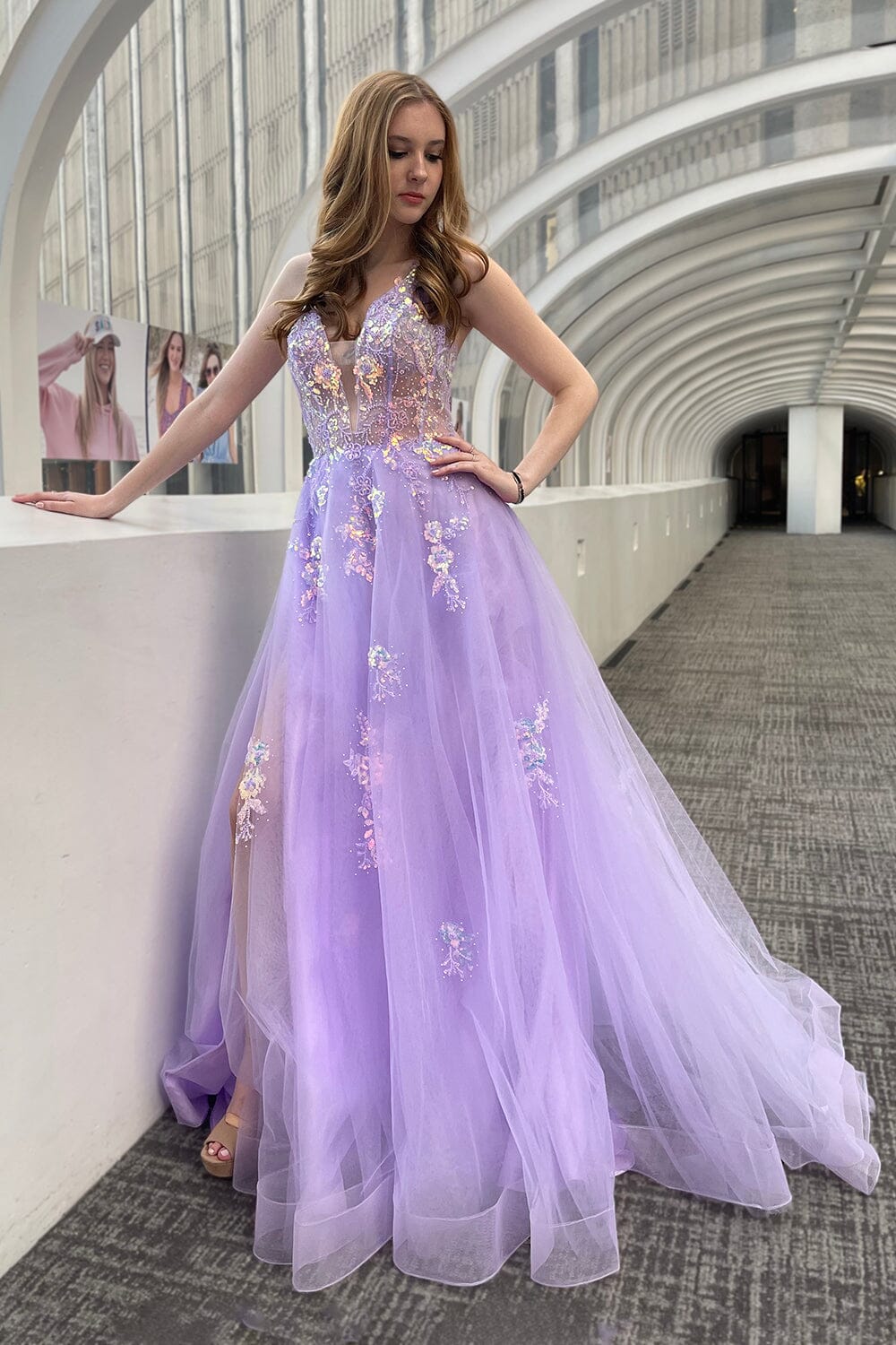 Purple Flower Dress A Line V Neck Lilac/Gold Lace Floral Long Prom Dresses, Purple/Gold Purple Flower Dress A Line V Neck Lilac/Gold Lace Floral Long Prom Dresses, Purple/Gold