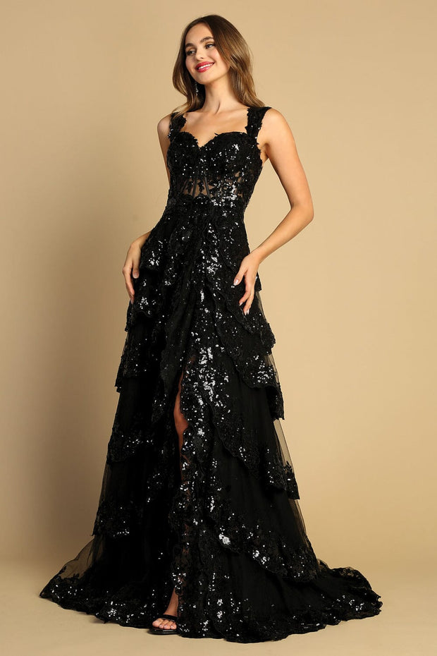 Sequin Applique Tiered A-line Slit Gown by Adora 3174