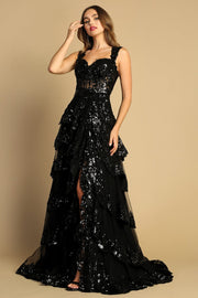 Sequin Applique Tiered A-line Slit Gown by Adora 3174