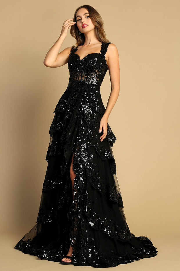 Sequin Applique Tiered A-line Slit Gown by Adora 3174