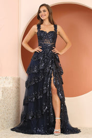 Sequin Applique Tiered A-line Slit Gown by Adora 3174