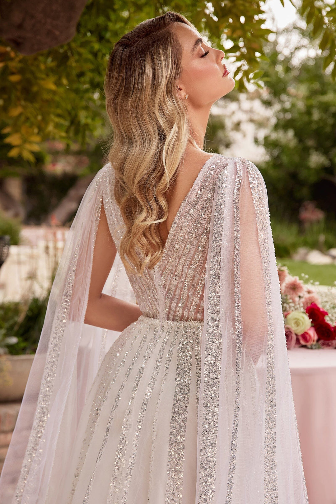 Cape Sleeves White Wedding Dress With Cape Sequin Cape Sleeve