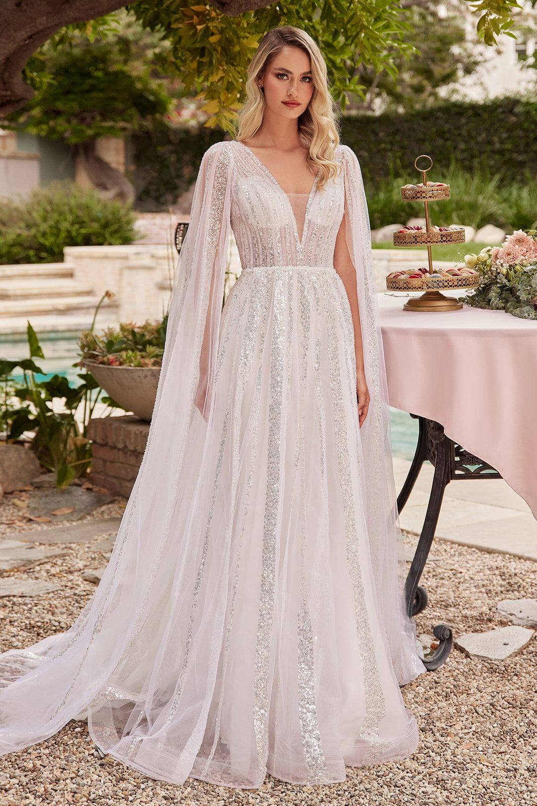 Sequin Cape Sleeve Bridal Gown by Ladivine CD852W