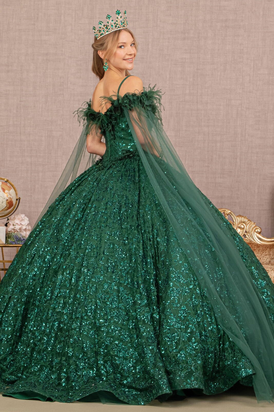 Sequin Cape Sleeve Feather Ball Gown by Elizabeth K GL3169