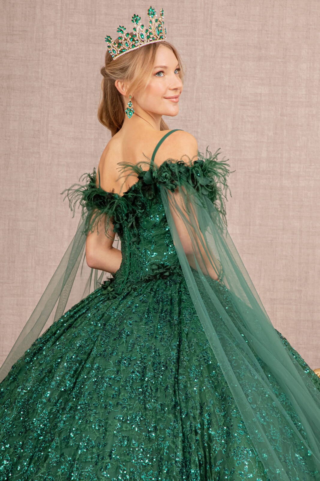 Sequin Cape Sleeve Feather Ball Gown by Elizabeth K GL3169