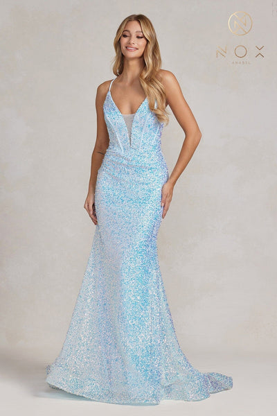 Sequin Deep V-Neck Mermaid Gown by Nox Anabel C1094 - Outlet