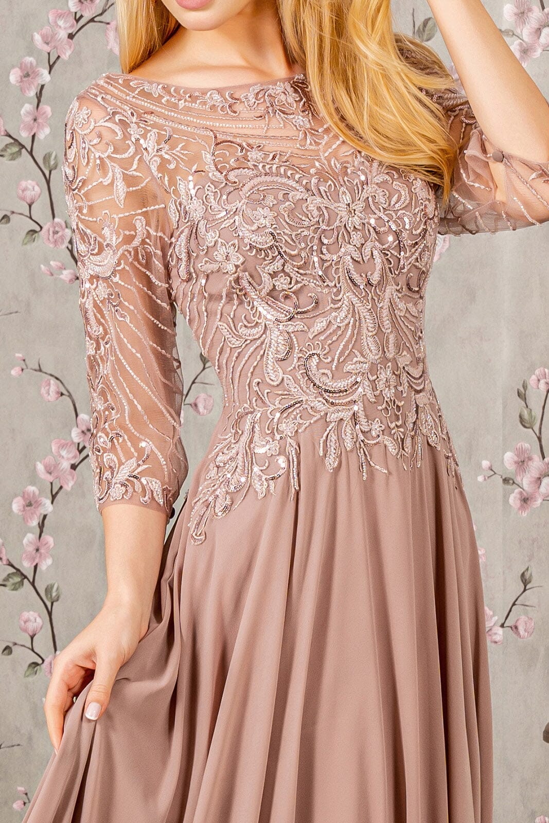 Sequin Embroidered 3/4 Sleeve Gown by GLS Gloria GL3446 M / Champagne Sequin Embroidered 3/4 Sleeve Gown by GLS Gloria GL3446 M / Champagne