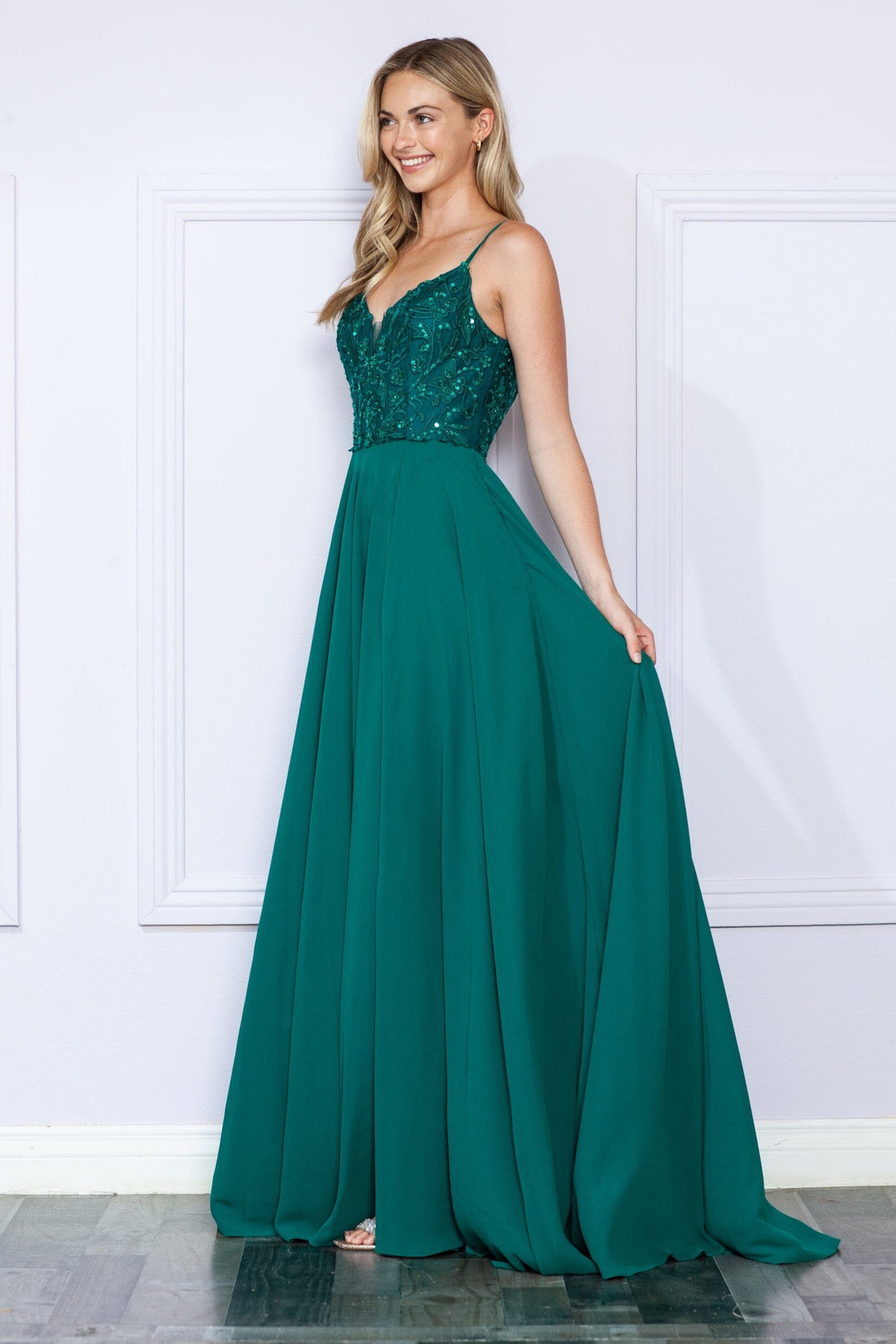 Sequin Embroidered Sleeveless Slit Gown by Poly USA 9368