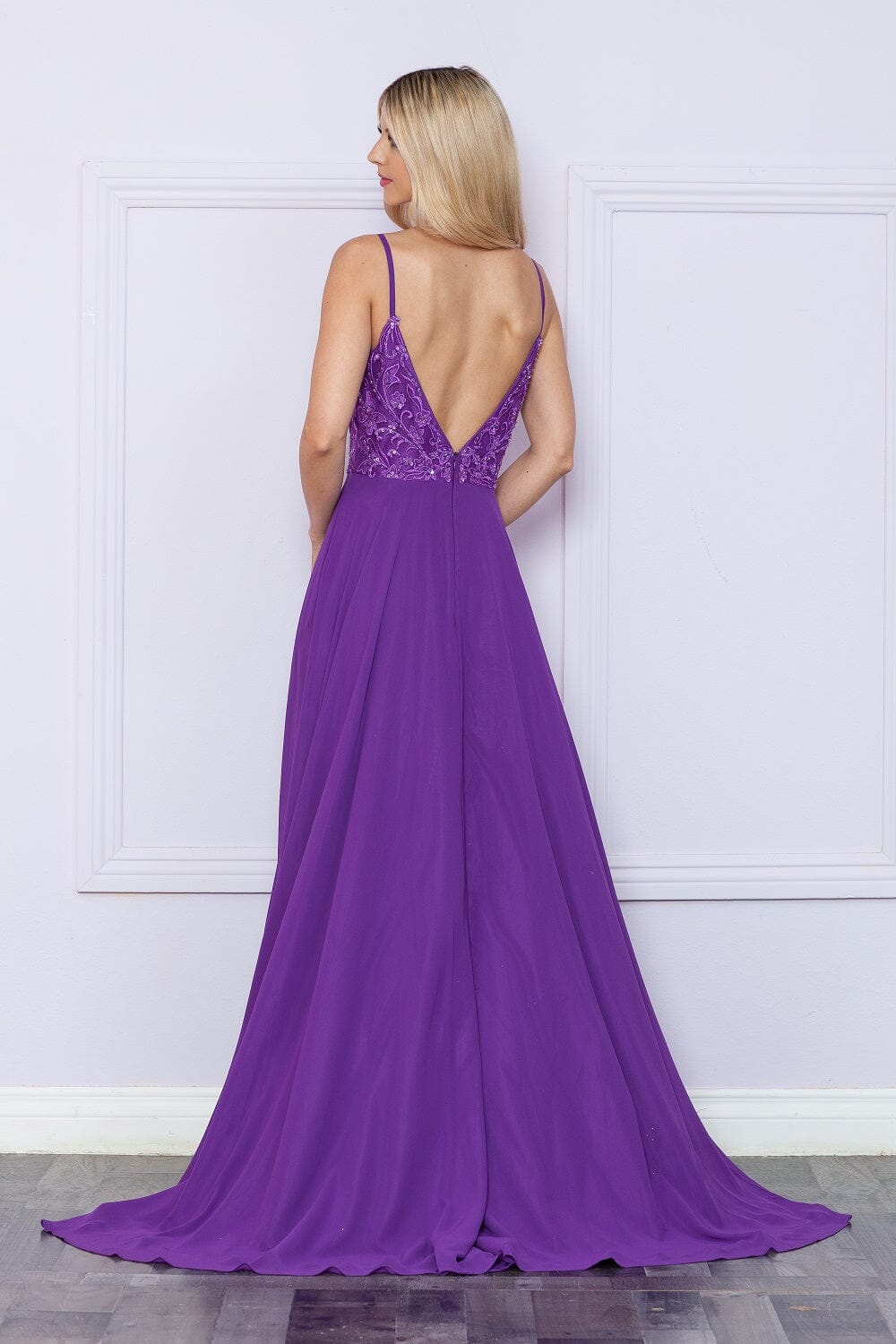 Sequin Embroidered Sleeveless Slit Gown by Poly USA 9368