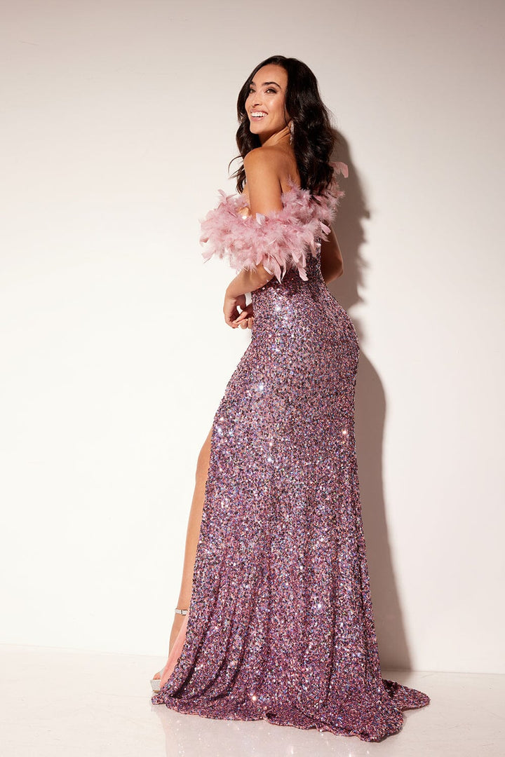 Sequin Feather Off Shoulder Slit Gown by Lucci Lu 1337
