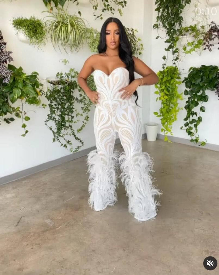 Sequin Feather Strapless Jumpsuit by Jovani 05669