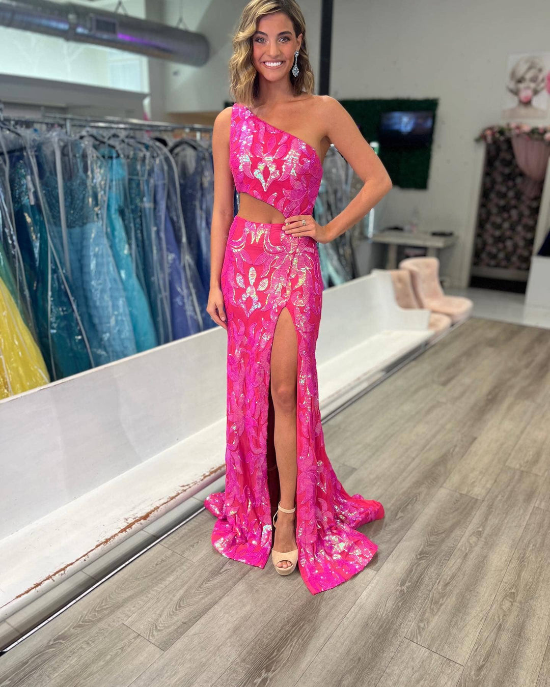 Sequin Fitted One Shoulder Slit Gown by Jovani 22853 – ABC Fashion