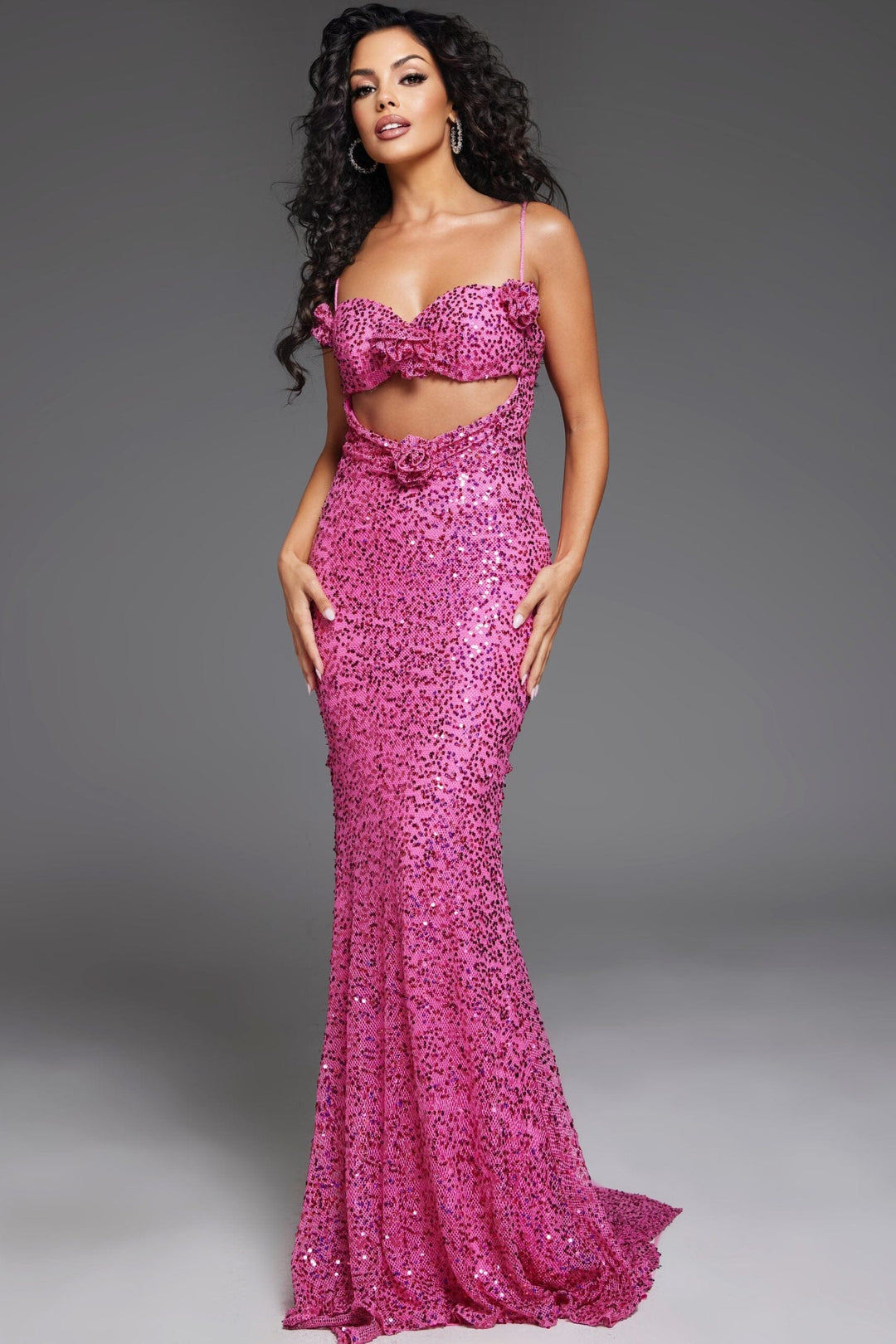 Sequin Fitted Sleeveless Slit Gown by Jovani D5403 0 / Hot Pink