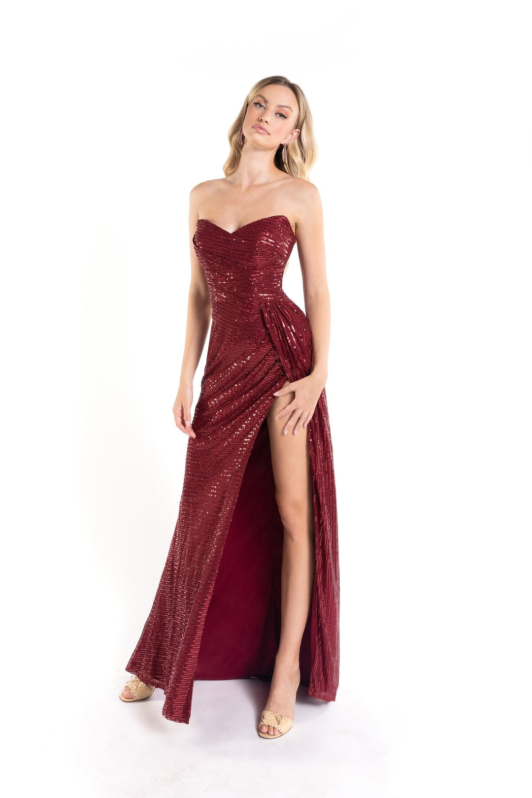 abby paris red dress Sequin Fitted Strapless Slit Gown by Abby Paris 90160