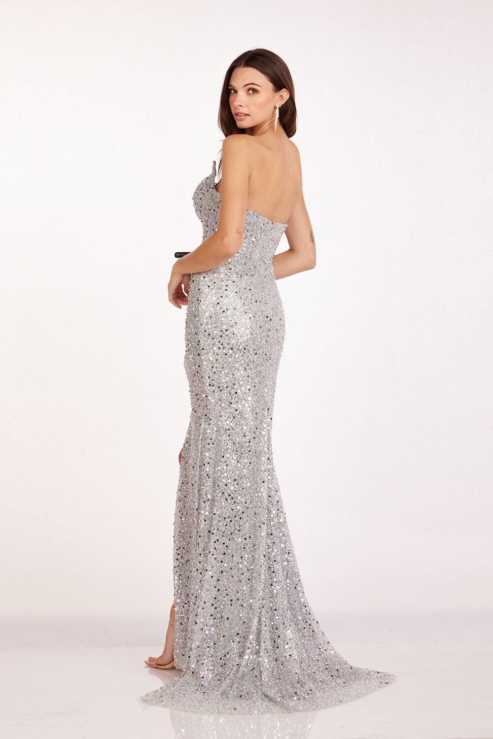 Sequin Fitted Strapless Slit Gown by Abby Paris 90250
