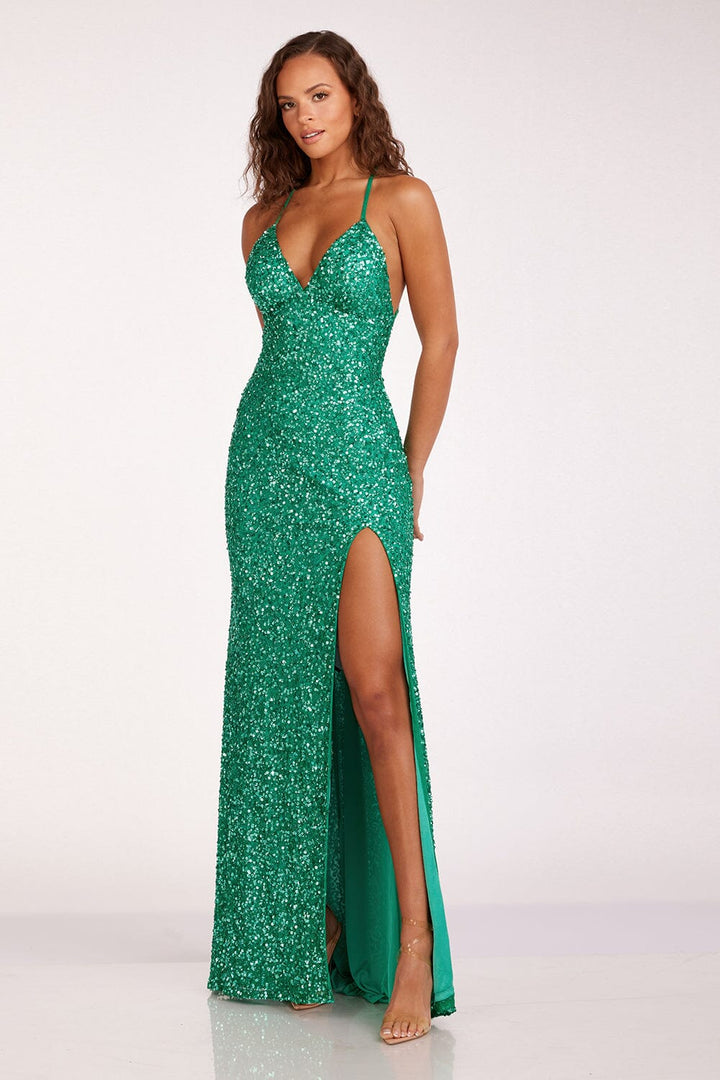 Sequin Fitted V-Neck Slit Gown by Abby Paris 92113