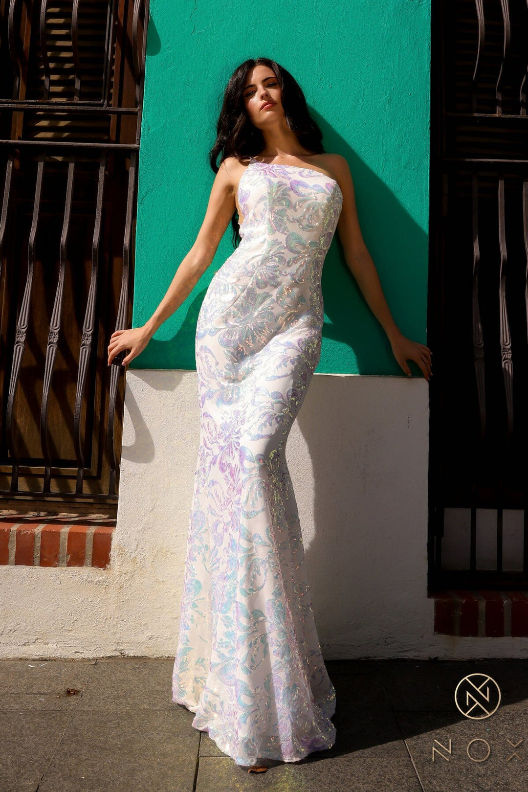 Sequin Floral Print One Shoulder Gown by Nox Anabel R1308