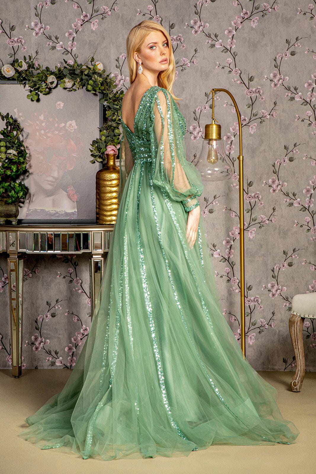 Sequin Long Sleeve A-line Mesh Gown by GLS Gloria GL3495 S / Mauve