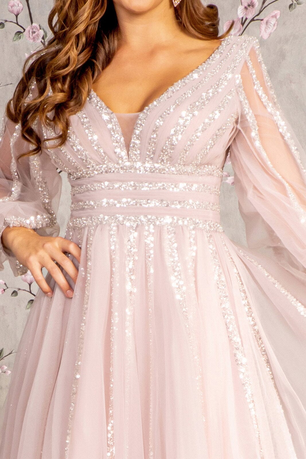 Sequin Long Sleeve A-line Mesh Gown by GLS Gloria GL3495 S / Mauve Sequin Long Sleeve A-line Mesh Gown by GLS Gloria GL3495 S / Mauve
