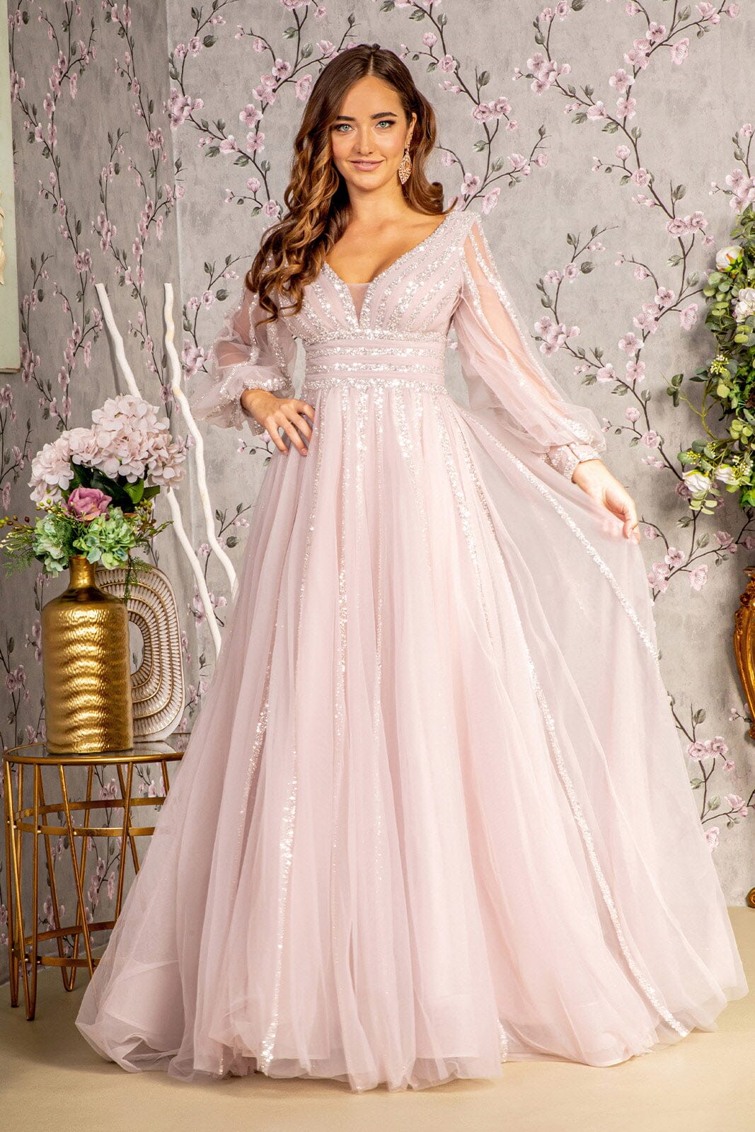 Sequin Long Sleeve A-line Mesh Gown by GLS Gloria GL3495 S / Mauve Sequin Long Sleeve A-line Mesh Gown by GLS Gloria GL3495 S / Mauve