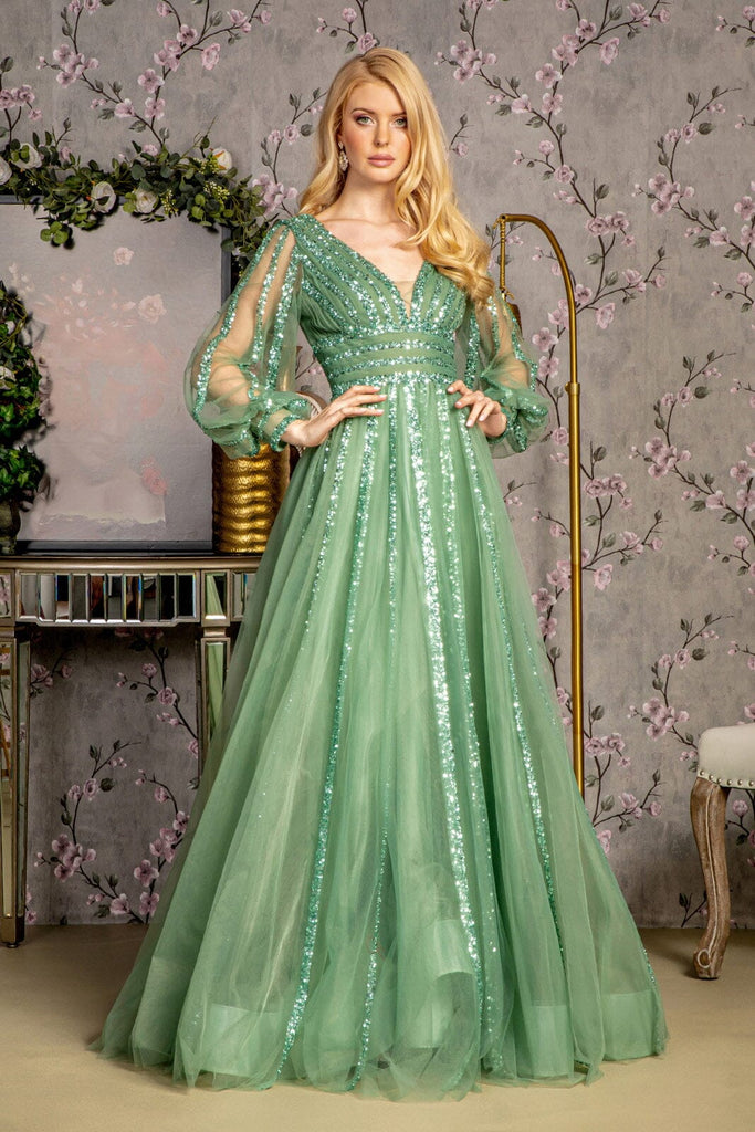 Sequin Long Sleeve A-line Mesh Gown by GLS Gloria GL3495 S / Sage Green