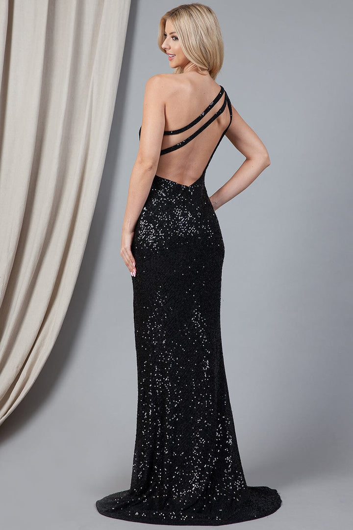 Sequin One Shoulder Slit Gown by Amelia Couture 5041