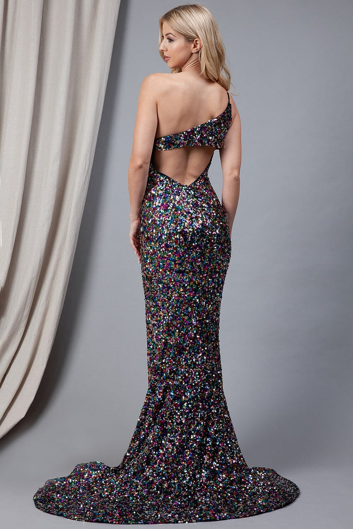 Sequin One Shoulder Slit Gown by Amelia Couture 7023